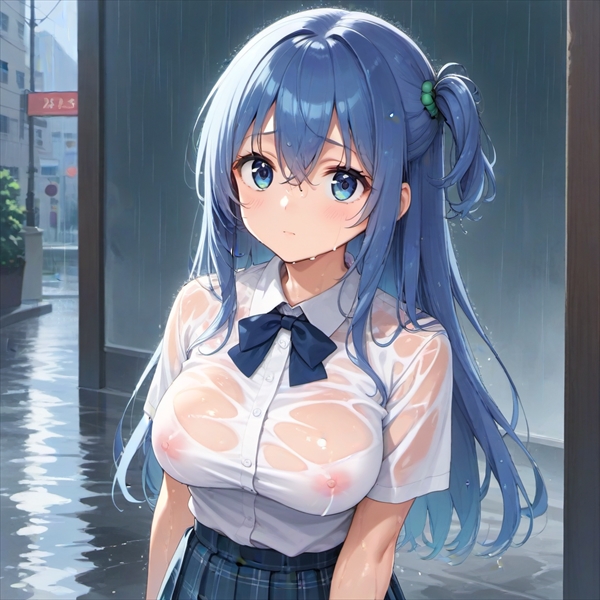 雨で白シャツに乳首が透けるJKのエロいAIイラスト（R18）02