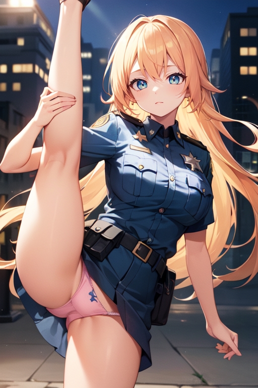 AIイラストの「片足を上げるポーズ」の呪文（プロンプト）を使った警察官の女の子01