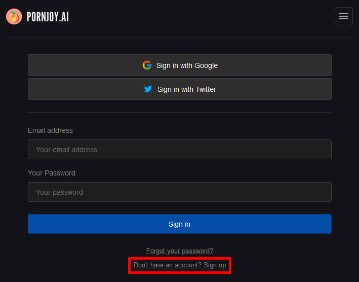 PornJoy AIの「Don't have an account? Sign up」を選択する