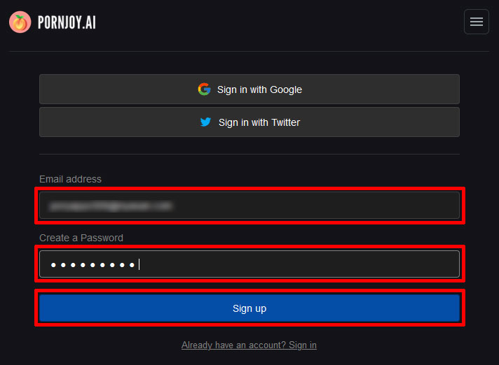 PornJoy AIでEメールアドレスとパスワードを入力する