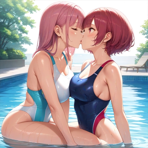 プールでキスをする競泳水着の女の子たち01