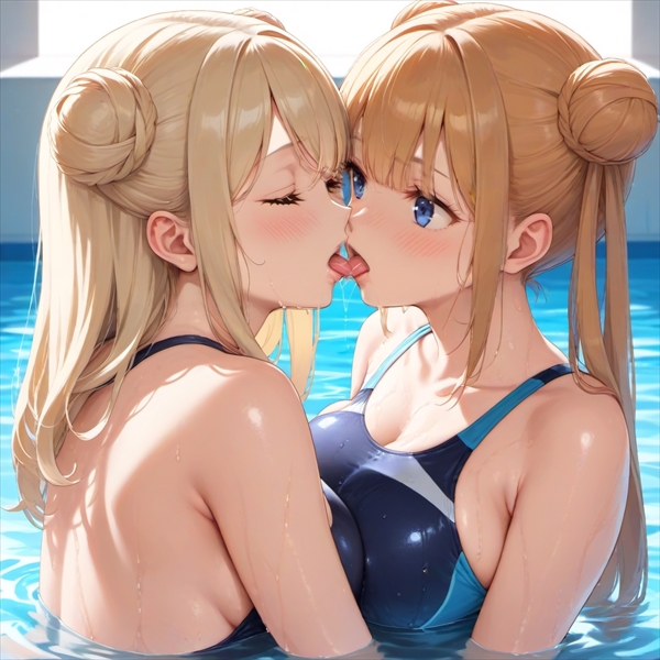 舌を絡ませてキスする競泳水着の女の子たち01