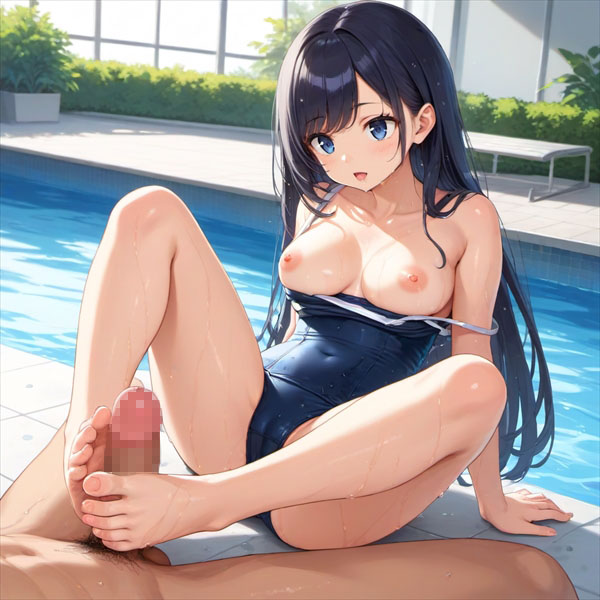 巨乳のスクール水着の女の子が素足で足コキするエロいイラスト03