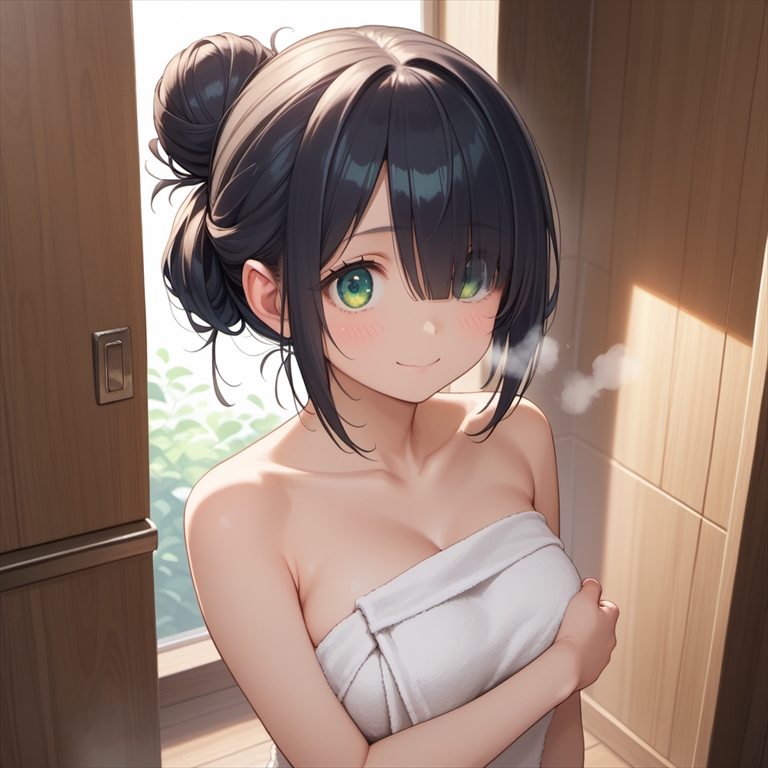 「脱衣所でバスタオル一枚になった人妻」のイラスト02