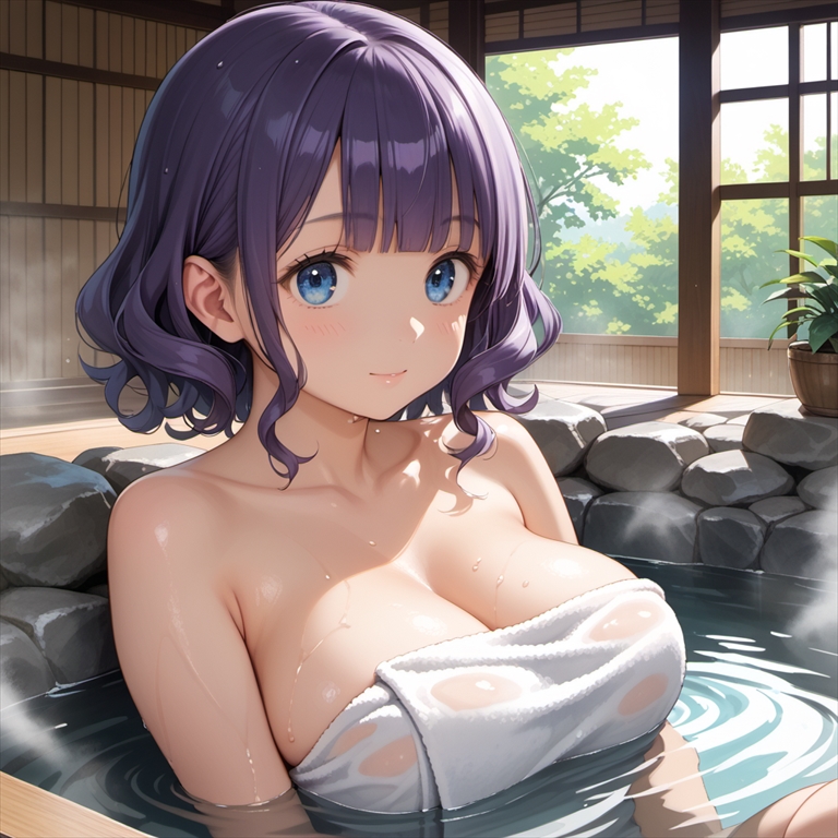 「バスタオルをつけて温泉に入る人妻」のイラスト02