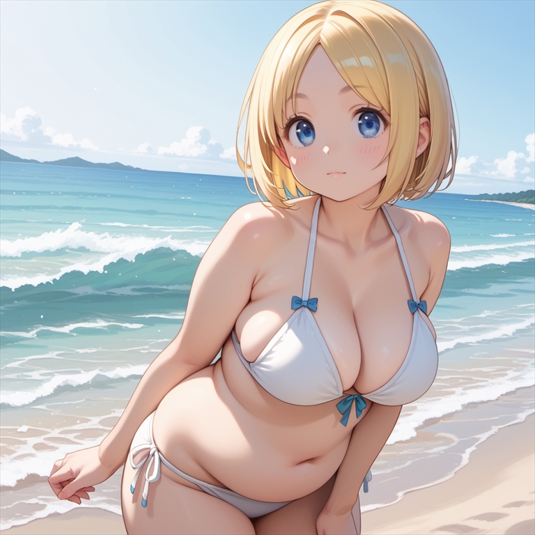 「ビキニ姿のぽっちゃり彼女」のイラスト01