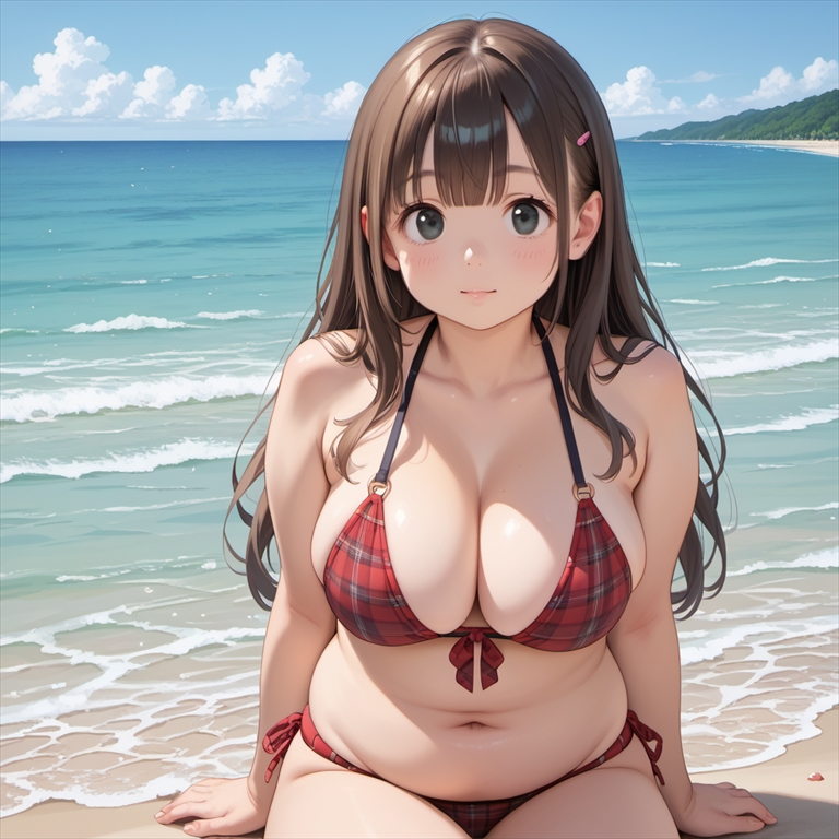 「砂浜でくつろぐぽっちゃり彼女」のイラスト03