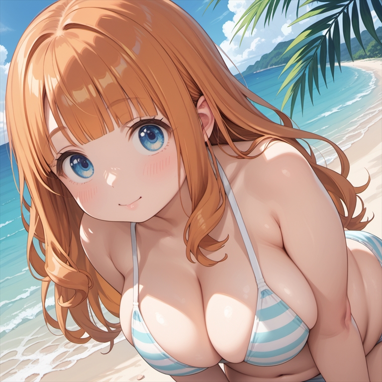 「砂浜でくつろぐぽっちゃり彼女」のイラスト01