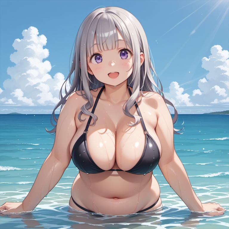 「海ぽっちゃり彼女と一緒に海に入る」のイラスト01