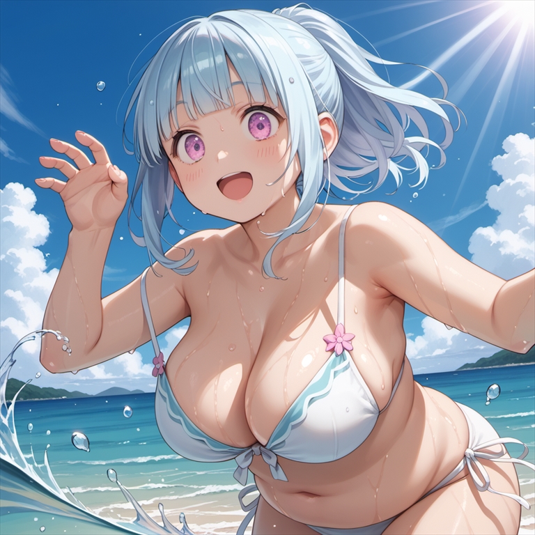 水遊びに夢中で肩紐がずれていることに気づかないぽっちゃり彼女01