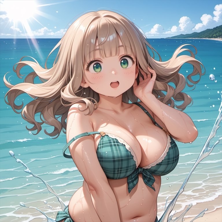 水遊びに夢中で肩紐がずれていることに気づかないぽっちゃり彼女03