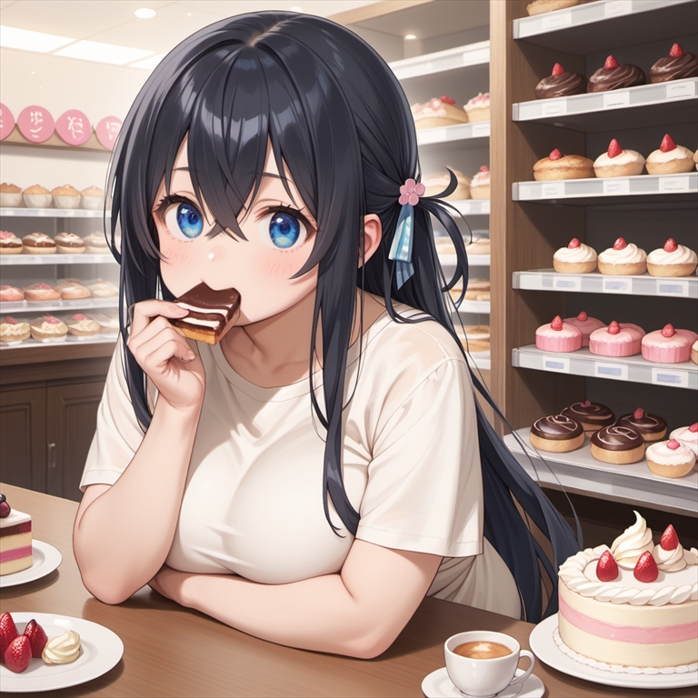 「ケーキを食べるぽっちゃり彼女」のイラスト02