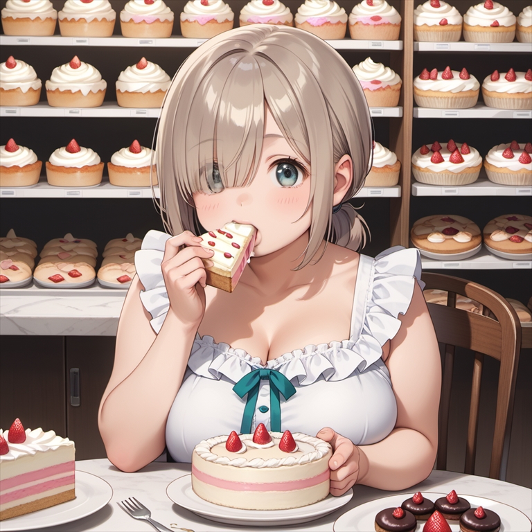 「ケーキを食べるぽっちゃり彼女」のイラスト03