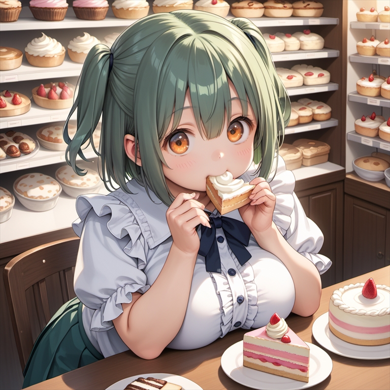 「ケーキを食べるぽっちゃり彼女」のイラスト01