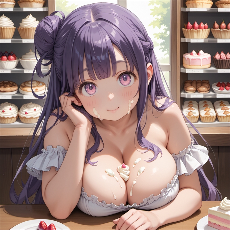 「クリームが顔と谷間についているぽっちゃり彼女」のイラスト01