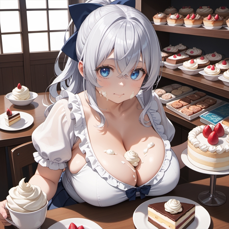 「クリームが顔と谷間についているぽっちゃり彼女」のイラスト02