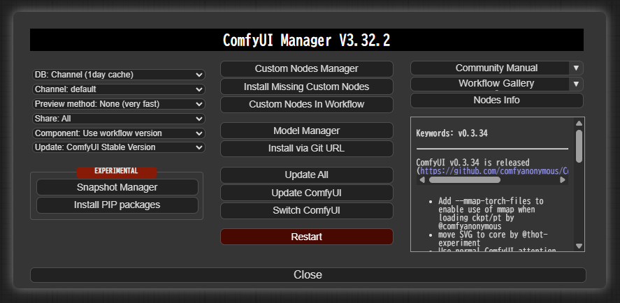 起動したComfyUI Manager