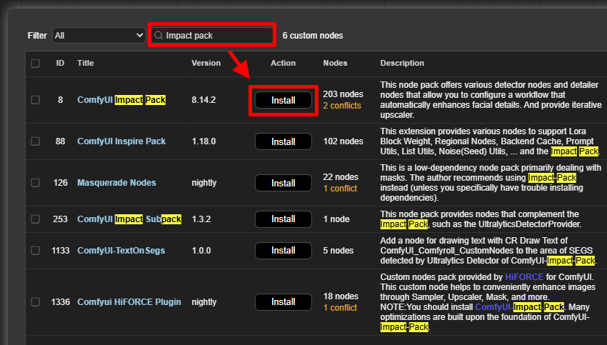 「Custom Nodes Manager」で「Impack Pack」を検索する。