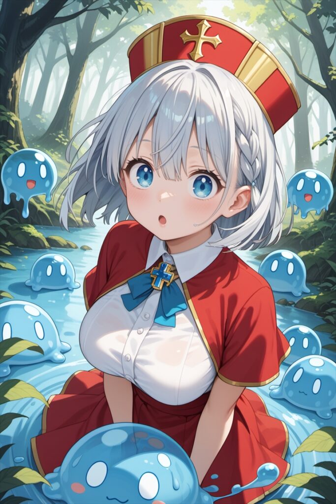 「スライムと遭遇して驚く僧侶の女の子」のイラスト03