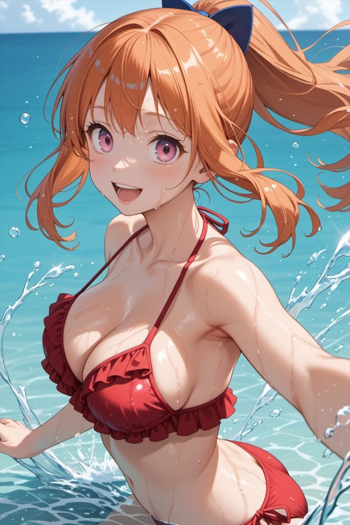 「海ではしゃぐ夏海」のAIイラスト02