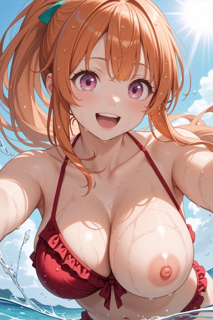 「片乳がポロリしたことに気づかない夏海」のAIイラスト01