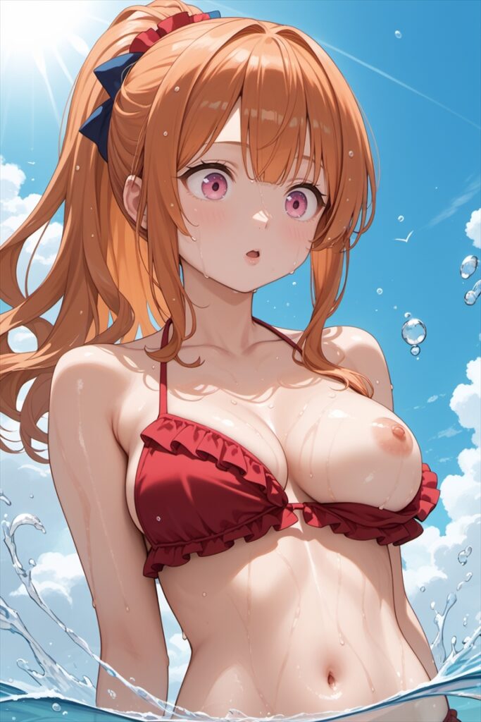 「片乳がポロリしていることに気づいた夏海」のAIイラスト02