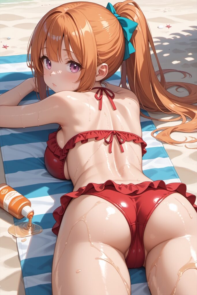 「サンオイルを塗ってもらう夏海」のAIイラスト02