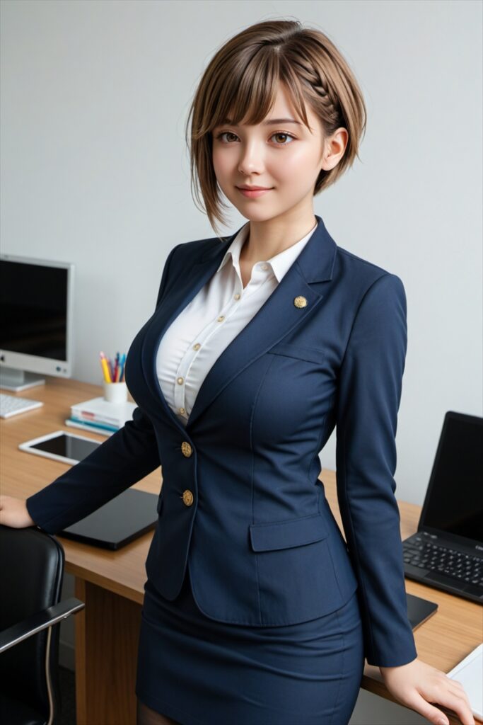 「タイトスカートと黒ストッキングを履いた巨乳OL」のAIエロ画像02