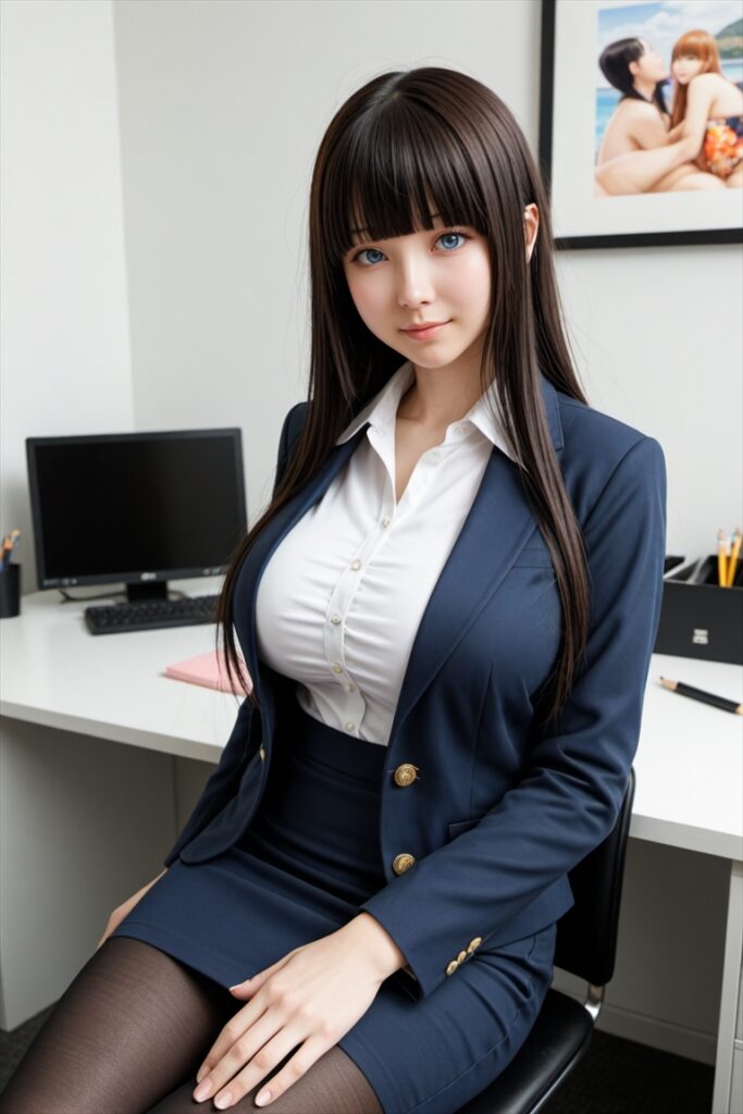 「タイトスカートから出た黒ストッキングの太ももを見せつける巨乳OL」のAIエロ画像03