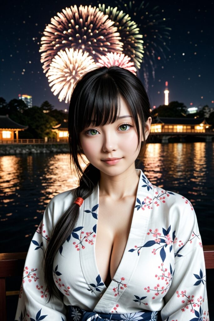 「花火をバックにした浴衣姿の巨乳美女」のAIエロ画像01