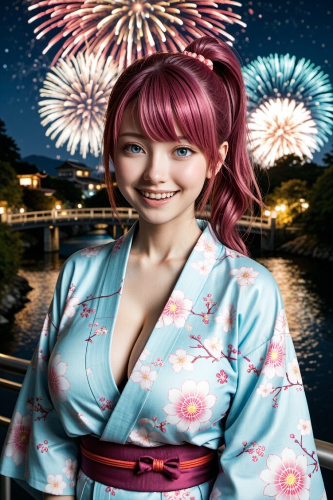 「花火をバックにした浴衣姿の巨乳美女」のAIエロ画像02