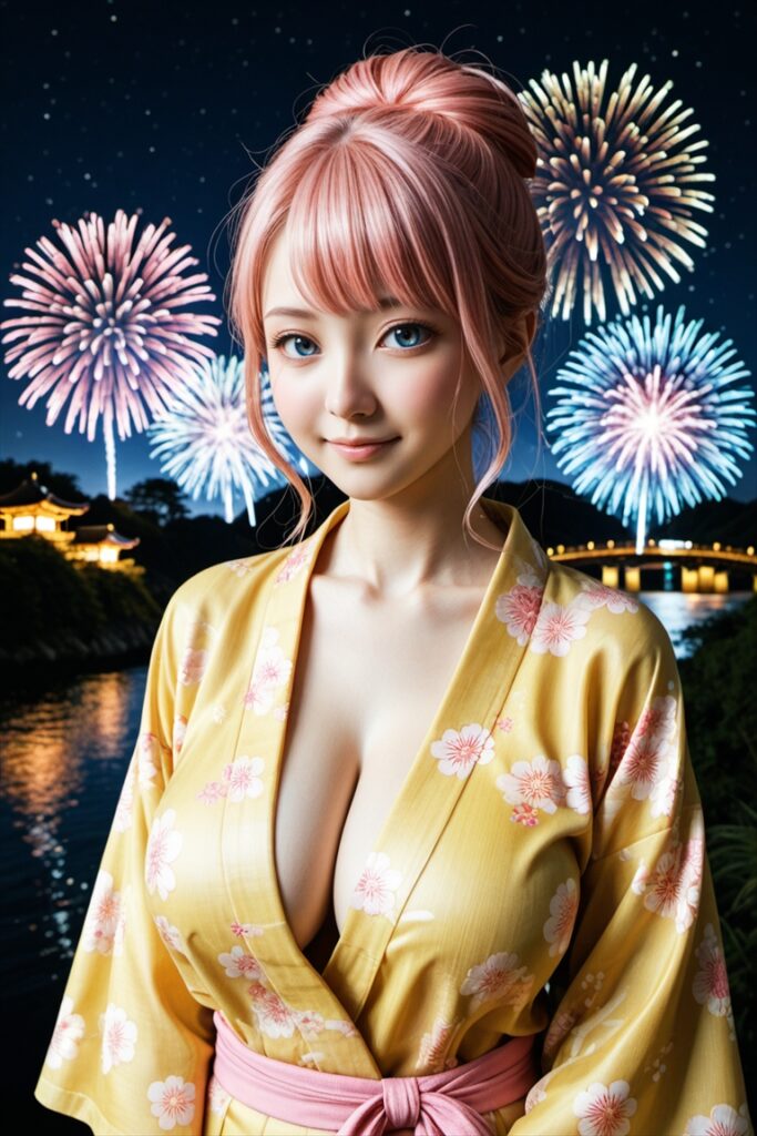 「花火をバックにした浴衣姿の巨乳美女」のAIエロ画像03