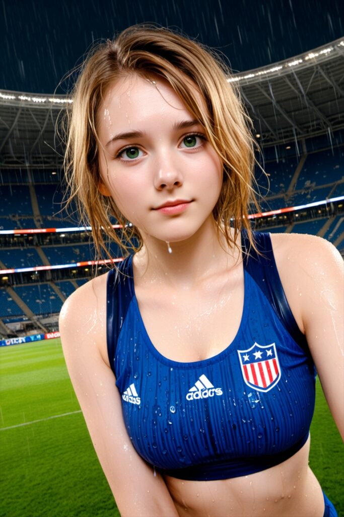「雨で濡れた巨乳の陸上選手」のAIエロ画像01
