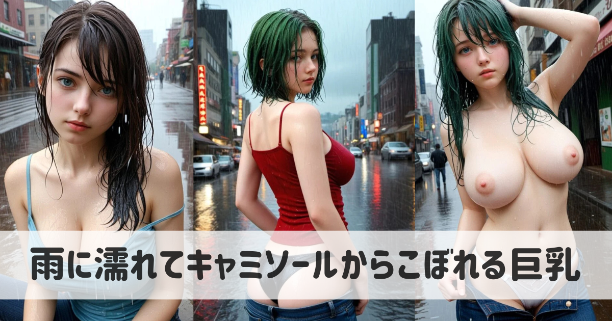 【AI美女のエロ画像】雨に濡れてキャミソールから巨乳がこぼれる女の子