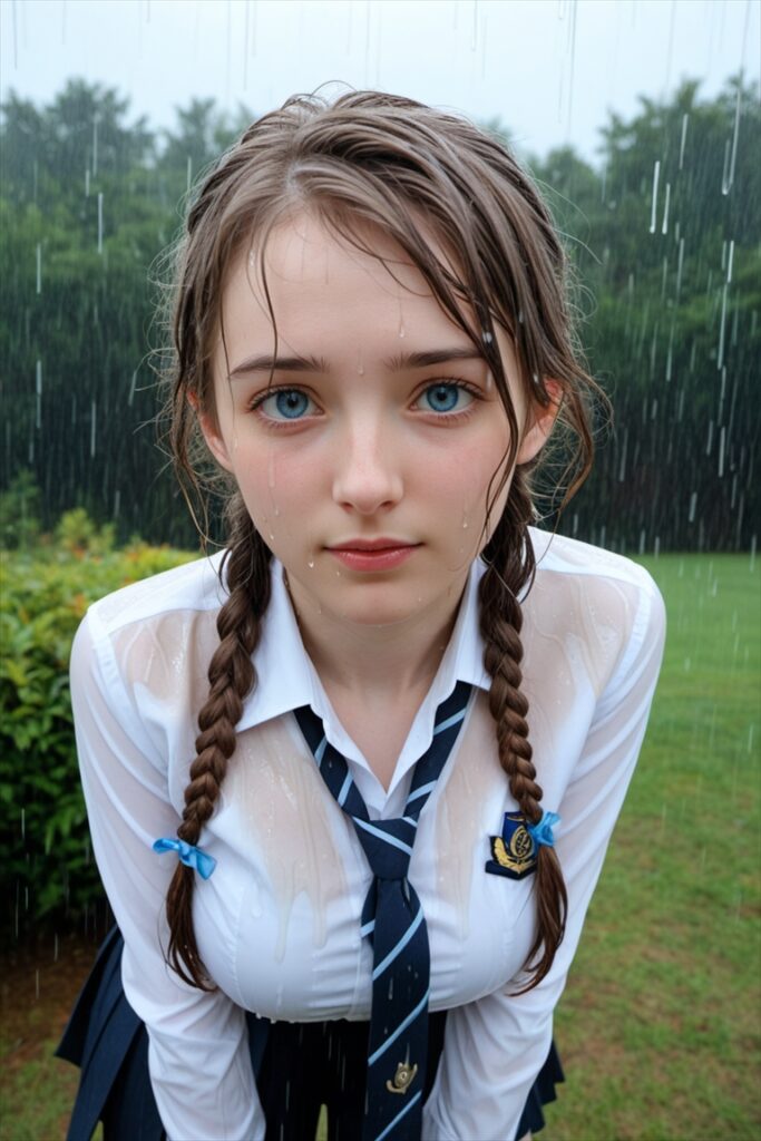 「急に雨が降ってきてびしょ濡れになる巨乳のJK」のAIエロ画像03