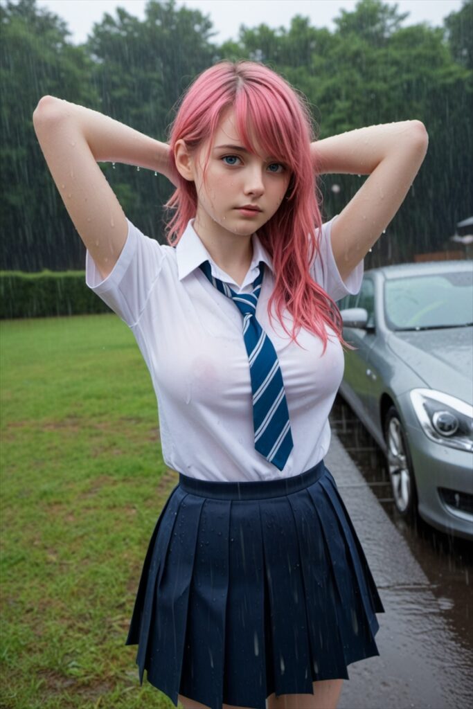「急に雨が降ってきてびしょ濡れになる巨乳のJK」のAIエロ画像02