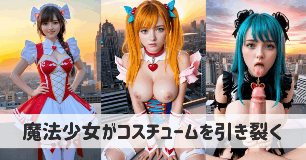 【AI美女のエロ画像】魔法少女がコスチュームを引き裂かれてイラマチオで口内射精される話