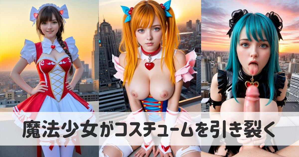 【AI美女のエロ画像】魔法少女がコスチュームを引き裂かれてイラマチオで口内射精される話
