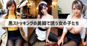 【AI美女のエロ画像】黒ストッキングに包まれた美脚で座るリアルな女の子たち 