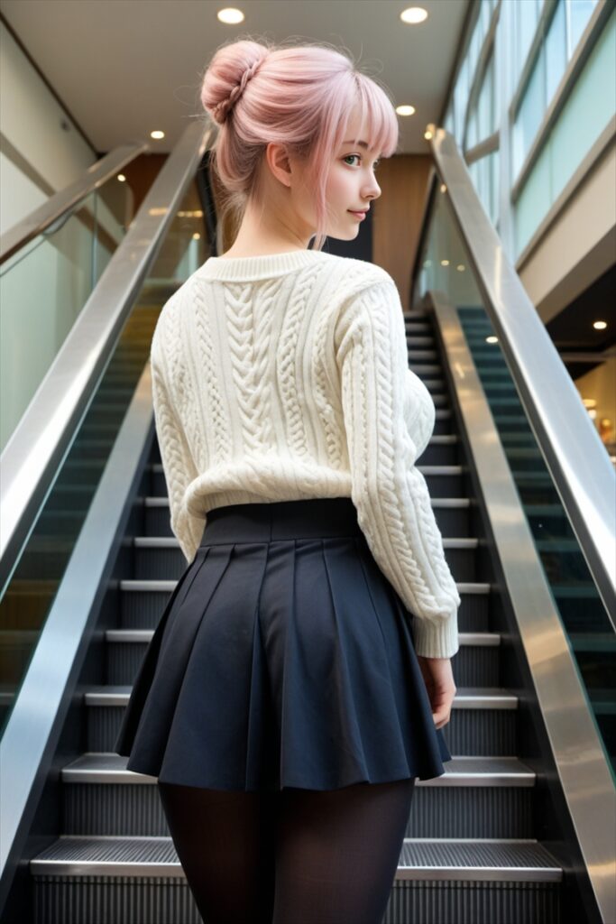 黒ストッキングとむっちりお尻でエスカレーターを登る女の子1