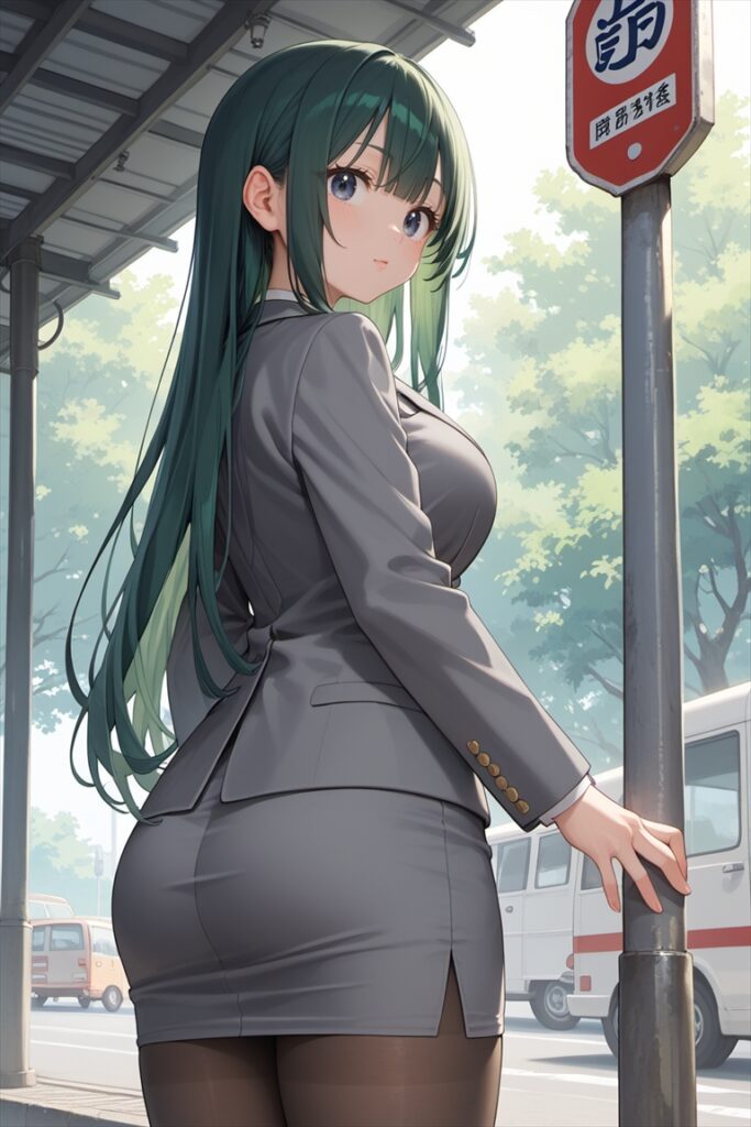 黒ストッキングを履いてバス停で待つOLの後ろ姿1