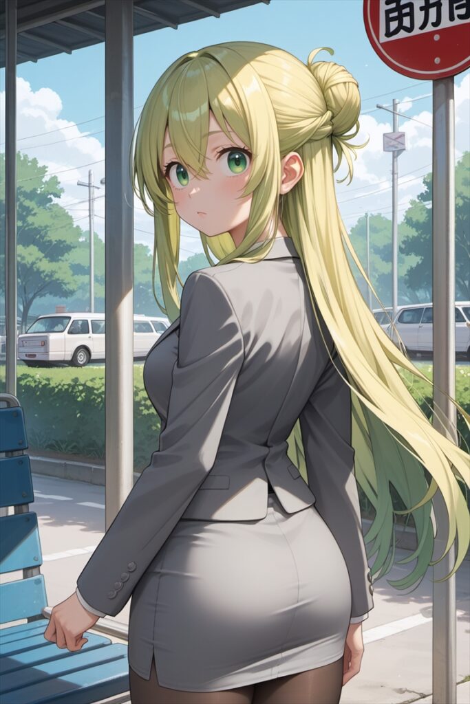 黒ストッキングを履いてバス停で待つOLの後ろ姿2