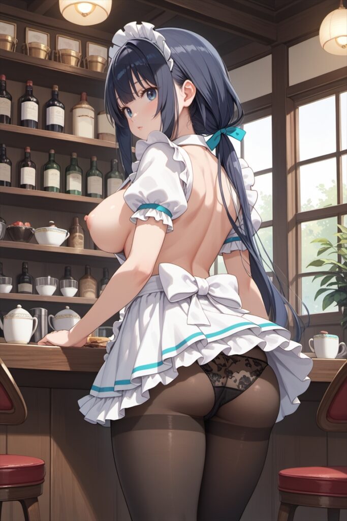 おっぱいとパンティを見せるカフェで働く黒ストッキングを履いたウェイトレス2