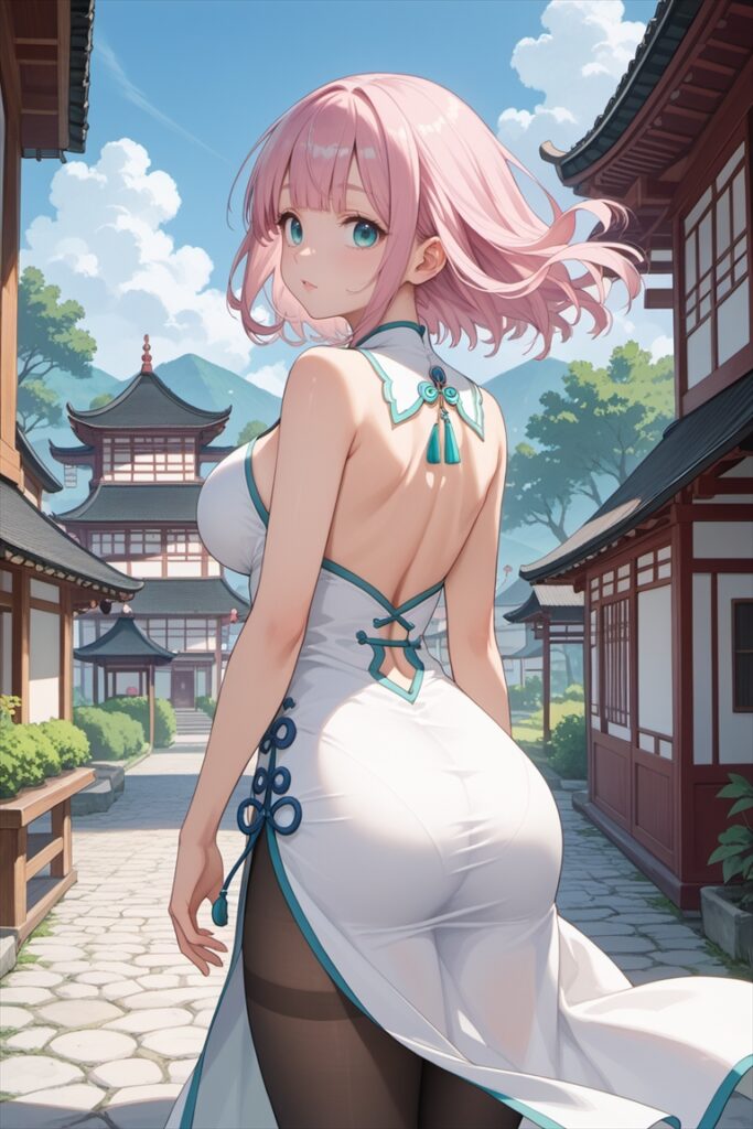 黒ストッキングを履いたチャイナドレスの女の子2