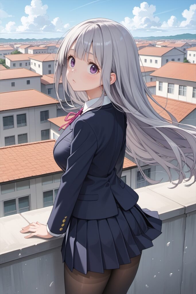 屋上にいる黒ストッキングを履いたJK1