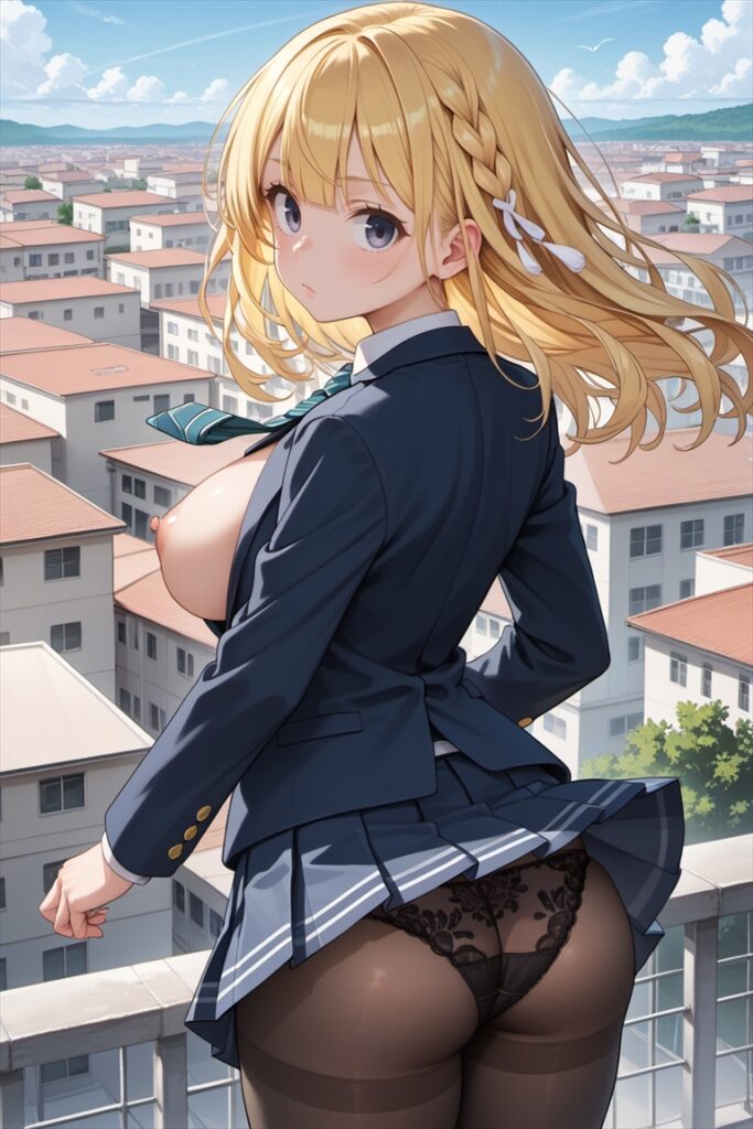 おっぱいとパンティを見せる屋上にいる黒ストッキングを履いたJK1