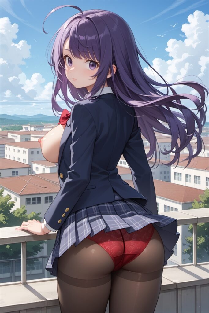 おっぱいとパンティを見せる屋上にいる黒ストッキングを履いたJK2