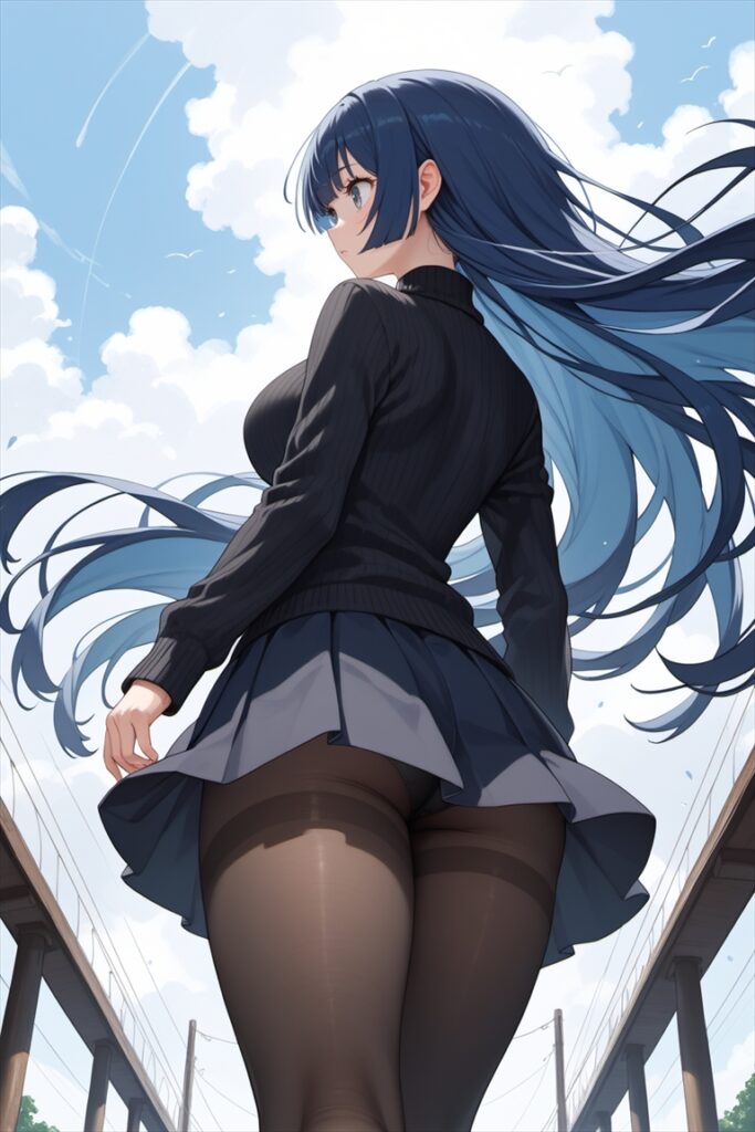 黒ストッキングを履いてニットを着たの女の子2