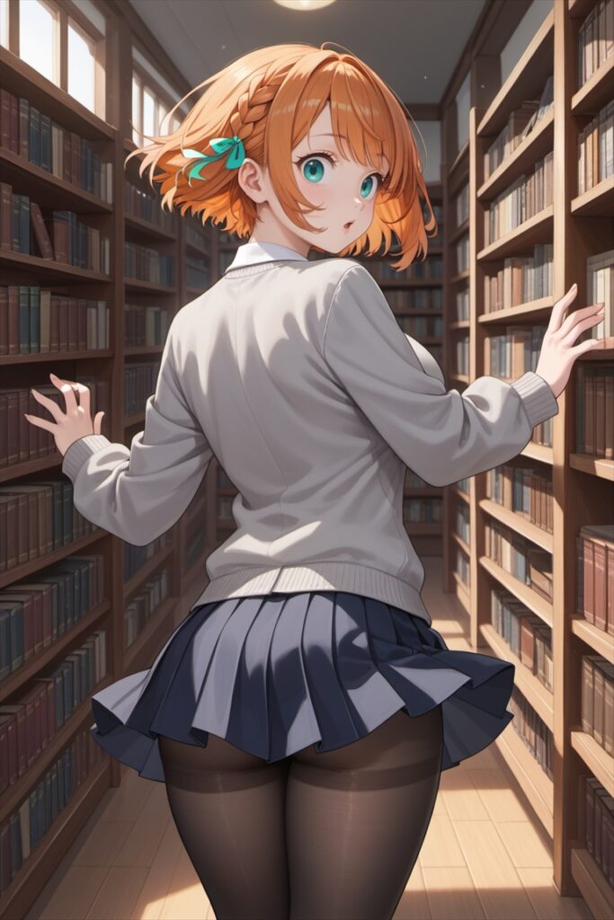 図書館で本を探す黒ストッキングを履いた女の子2