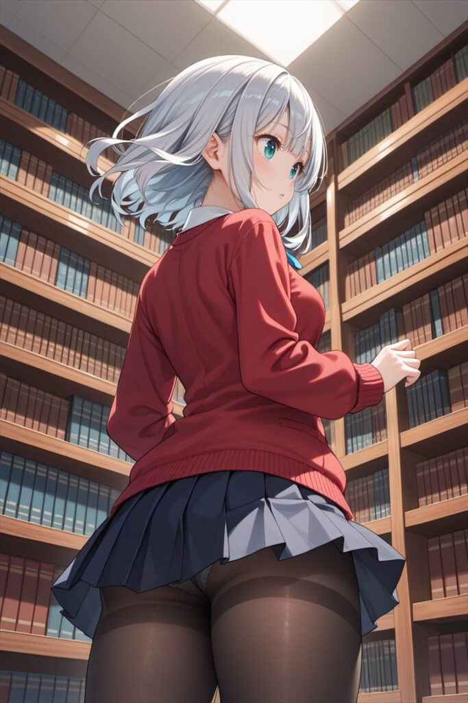 図書館で本を探す黒ストッキングを履いた女の子1